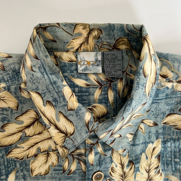 OP Men's Short Sleeve Hawaiian Shirt, Retro Leaf Print, Blue, Large - Picture 4 of 5